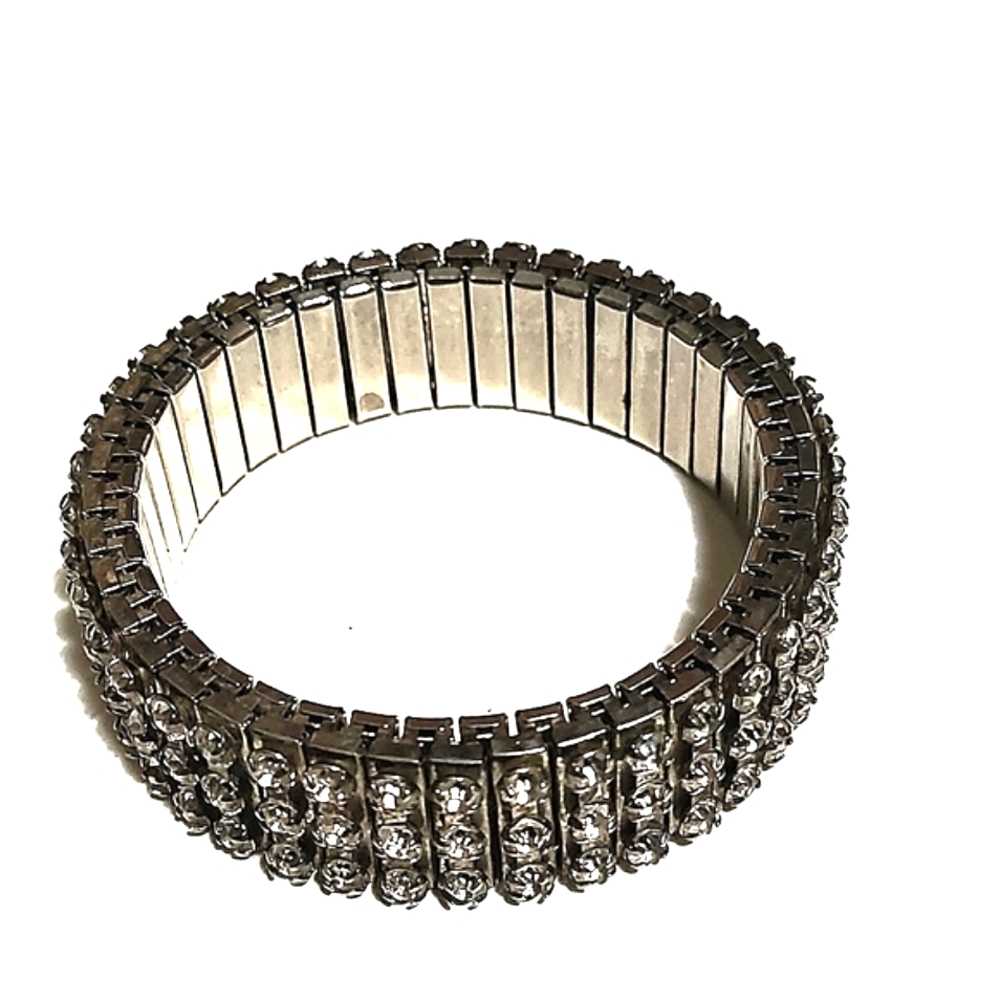 VINTAGE 60s 3-ROW RHODIUM PLALTED PRONG SET RHINESTONE EXPANDABLE 6-7" BRACELET - Picture 8 of 9